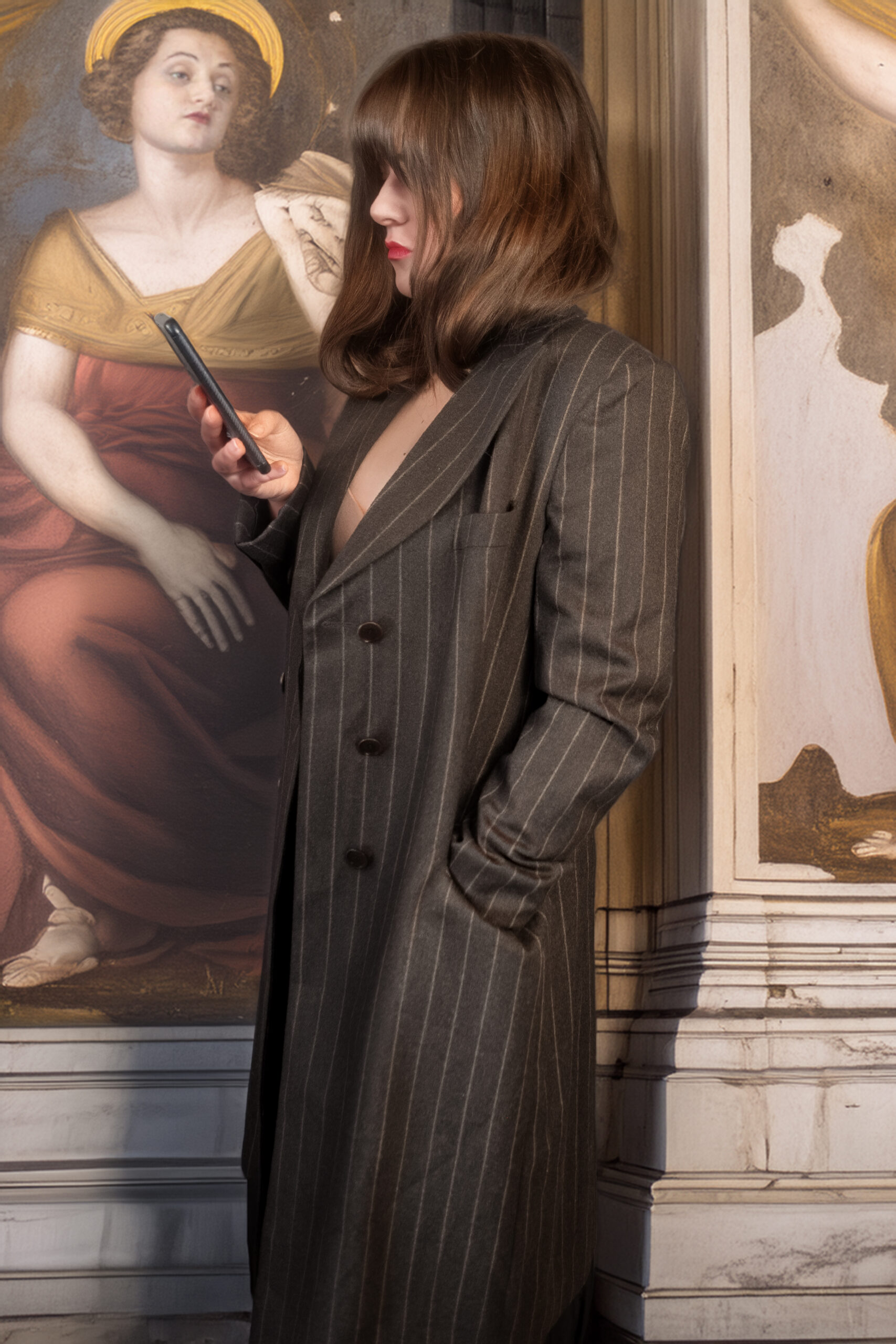 1990s Dolce & Gabbana Yuppie Pinstripe Wool Long Blazer, size L - Image 7