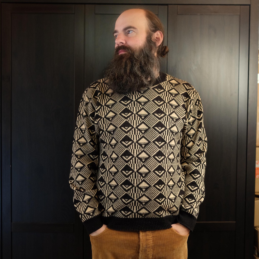 Vintage 70s Futuristic Brown and Black Crewneck Retro Monochrome Pullover with Art Deco pattern