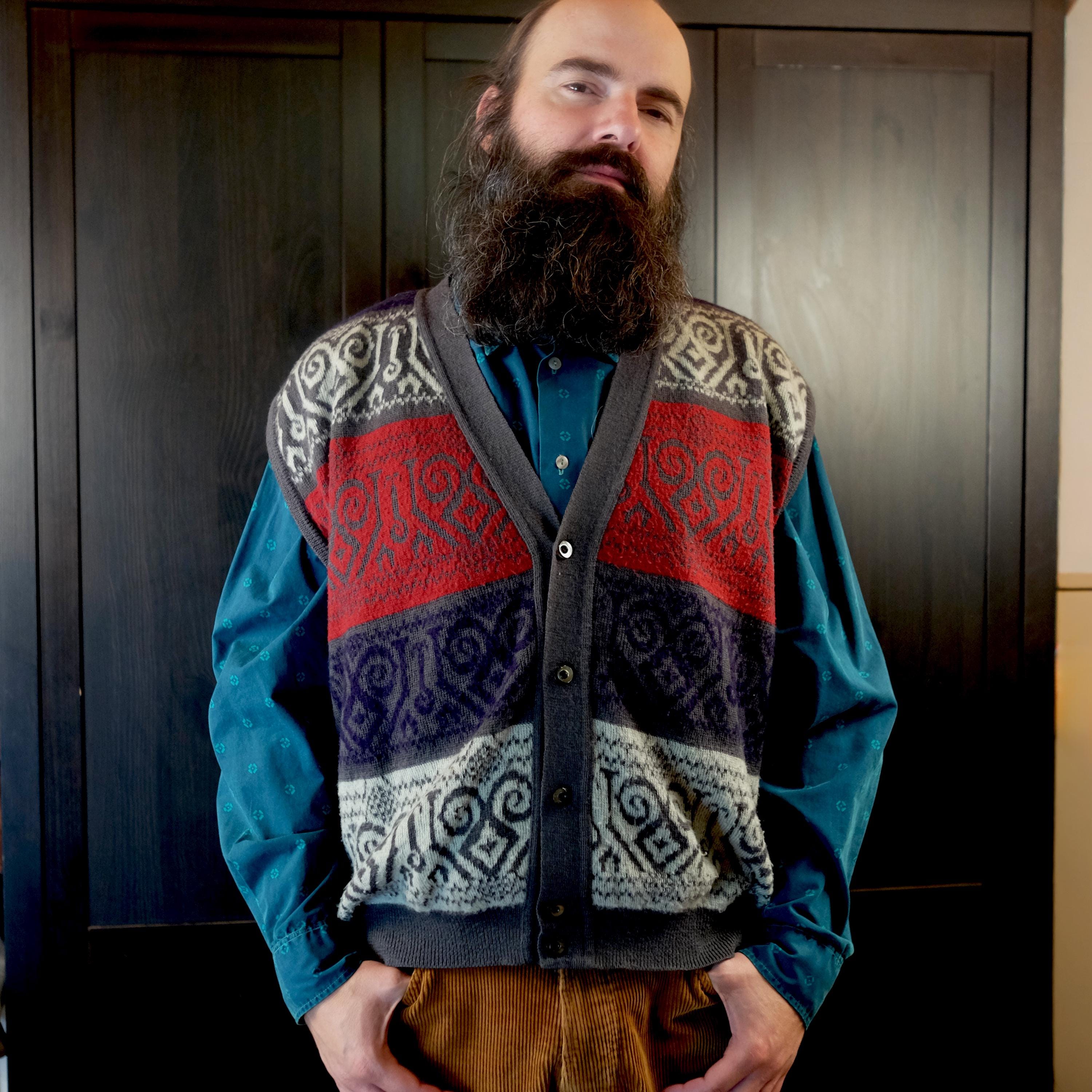 Vintage Colorblock Fair Isle Sweater Vest in Deep Blue, Red, Grey