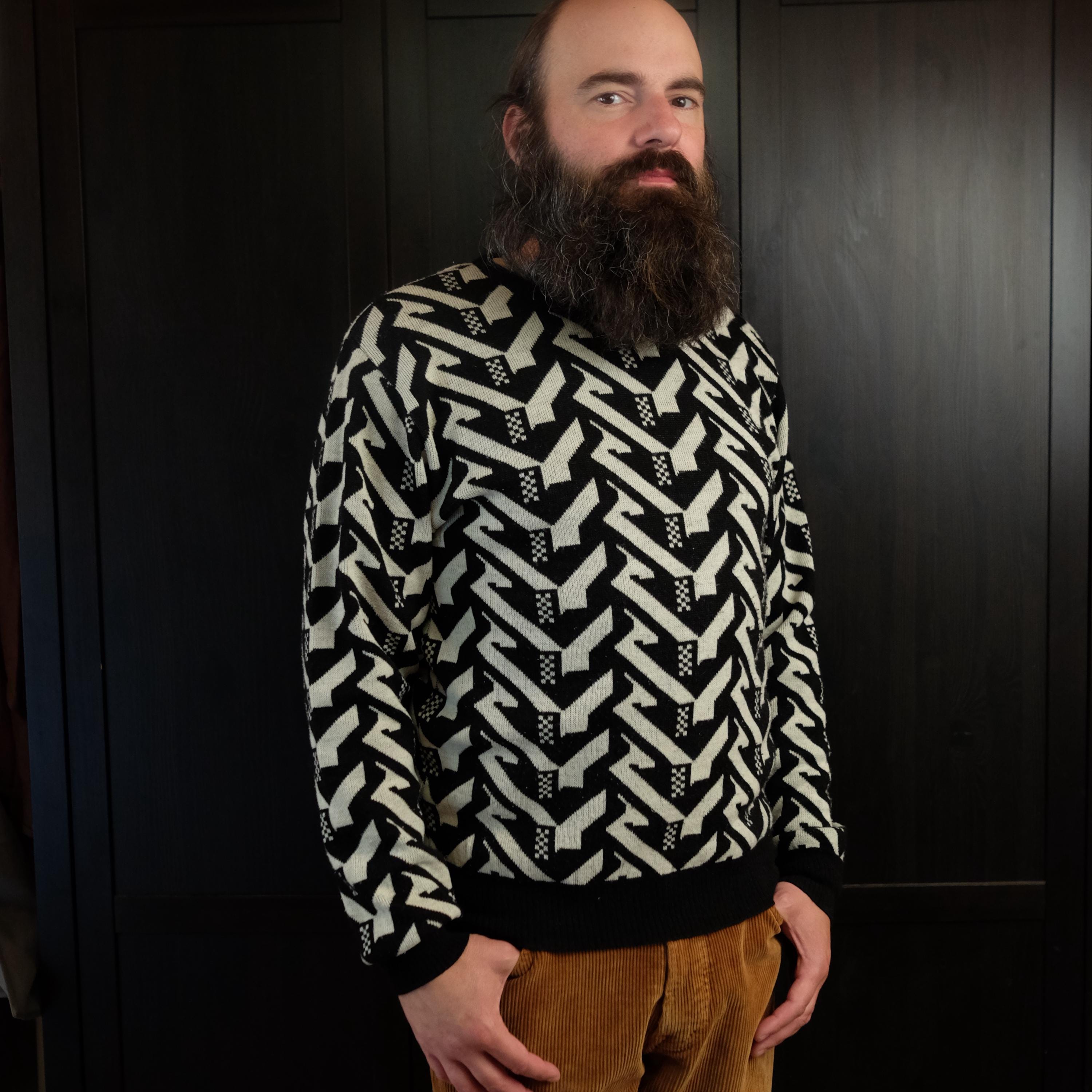 Vintage Op-Art Futuristic Grey Crewneck Retro Monochrome Pullover with Geometric Design, made in Czechoslovakia - Image 2
