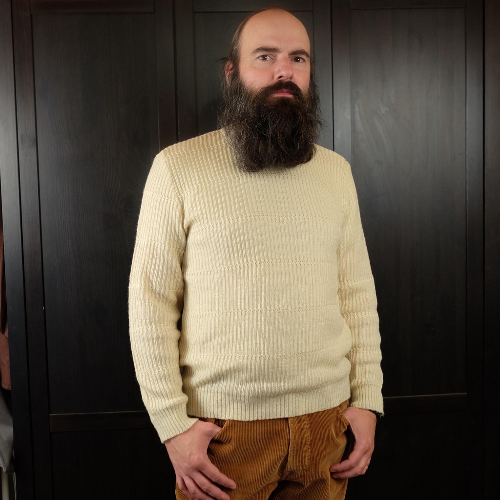 Vintage Beige Crewneck Retro Ribbed Knit Pullover